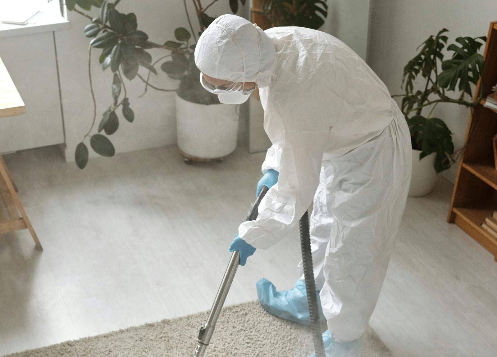 Water damage restoration technician extracting water and steam-cleaning a floor in a Knoxville home